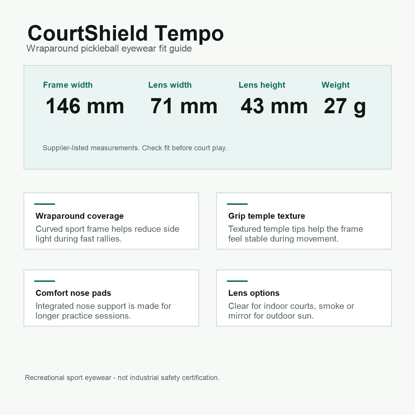 CourtShield Tempo English wraparound fit guide with frame dimensions