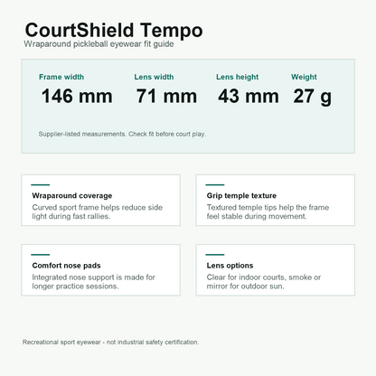 CourtShield Tempo English wraparound fit guide with frame dimensions